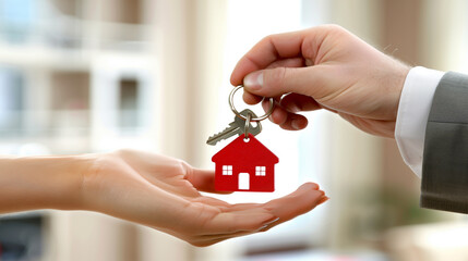 A real estate consultant hands over the keys with a key ring in the shape of a house to another person. Buying, selling or renting a property, symbolizing a new beginning or the transfer of a home.