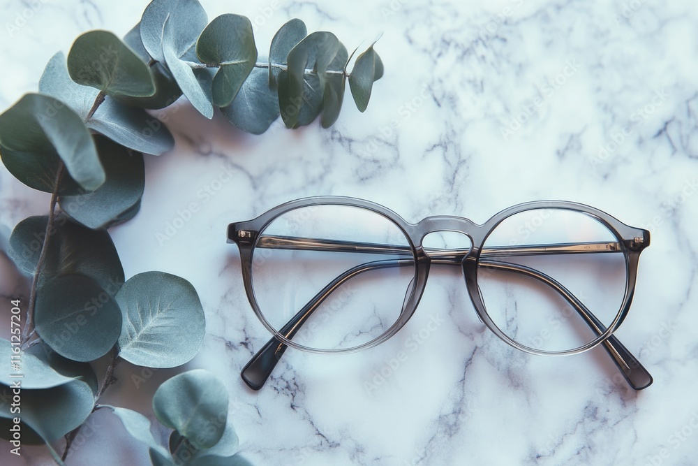 Poster a pair of glasses resting on a white marble table, a simple and elegant scene