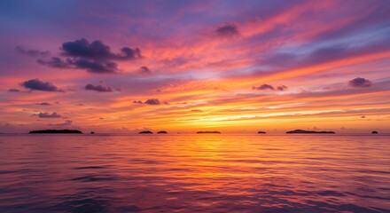 Fototapeta premium Vibrant serene tropical ocean sunset with warm glowing colors, concept for travel brochure, relaxation getaway and nature photography