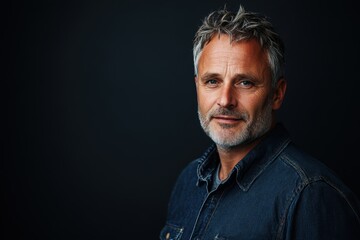 Fototapeta premium A mature man in his 40s with the first signs of crow's feet stands confidently against a dark background with dramatic lighting, his expression calm