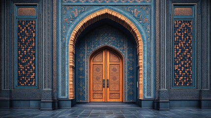 Obraz premium Ornate Wooden Doorway with Intricate Blue Mosaic Detailing