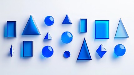 Abstract arrangement of blue geometric shapes including circles, triangles, and rectangles with a glassy, translucent texture on a white background. AI generative.