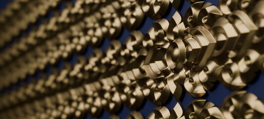 Traditional Thai Golden Ornaments in Repetitive Pattern with Shallow Depth of Field on Deep Blue Background