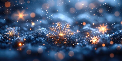 A single snowflake is seen in the center of a blurred background, perfect for use in winter-themed designs