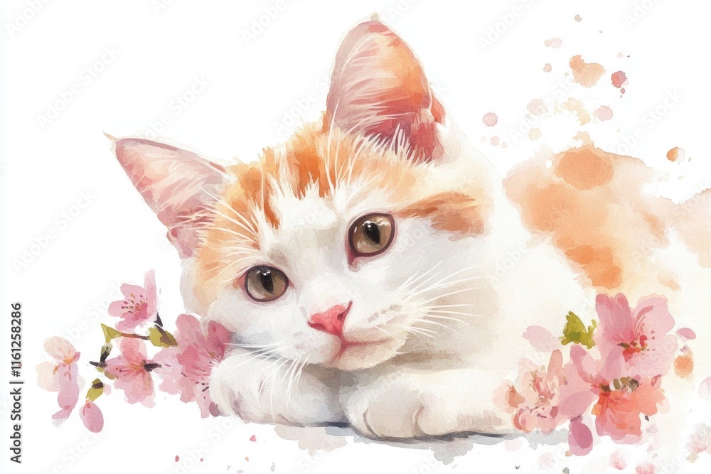 Poster close-up of a white and orange cat relaxing on a white background