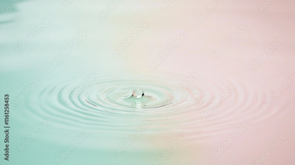 Poster A single droplet of water falls from above into a pool of water, creating ripples and waves