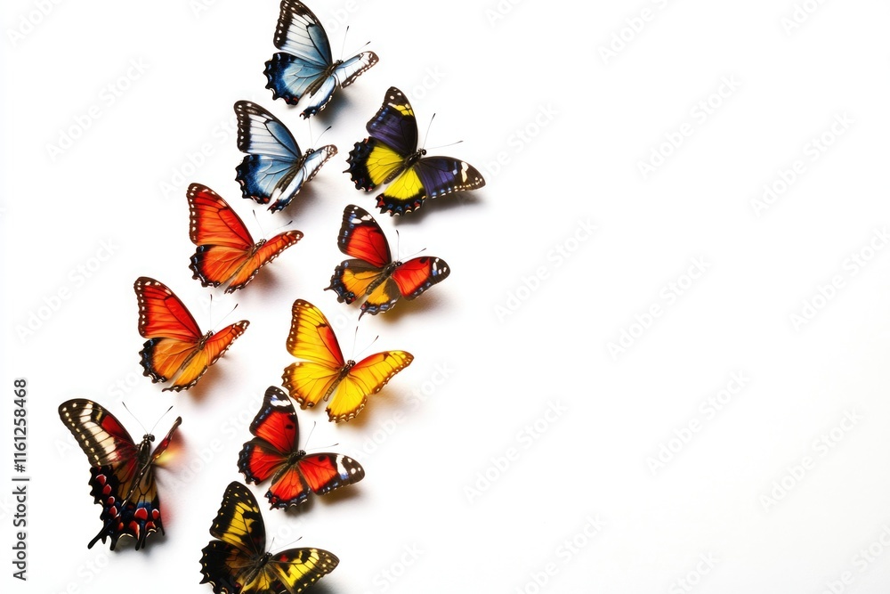 Poster a cluster of vibrant butterflies perched on a pure white background