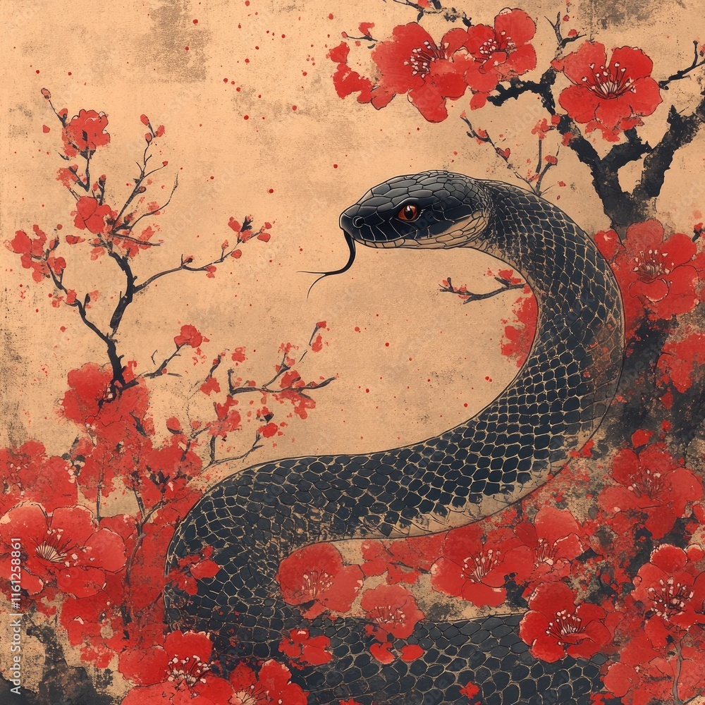 Poster a snake coils around a branch of a tree adorned with bright red flowers, creating an unusual scene