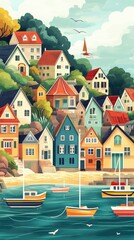 Obraz premium Colorful Coastal Houses and Boats in a Picturesque Harbor