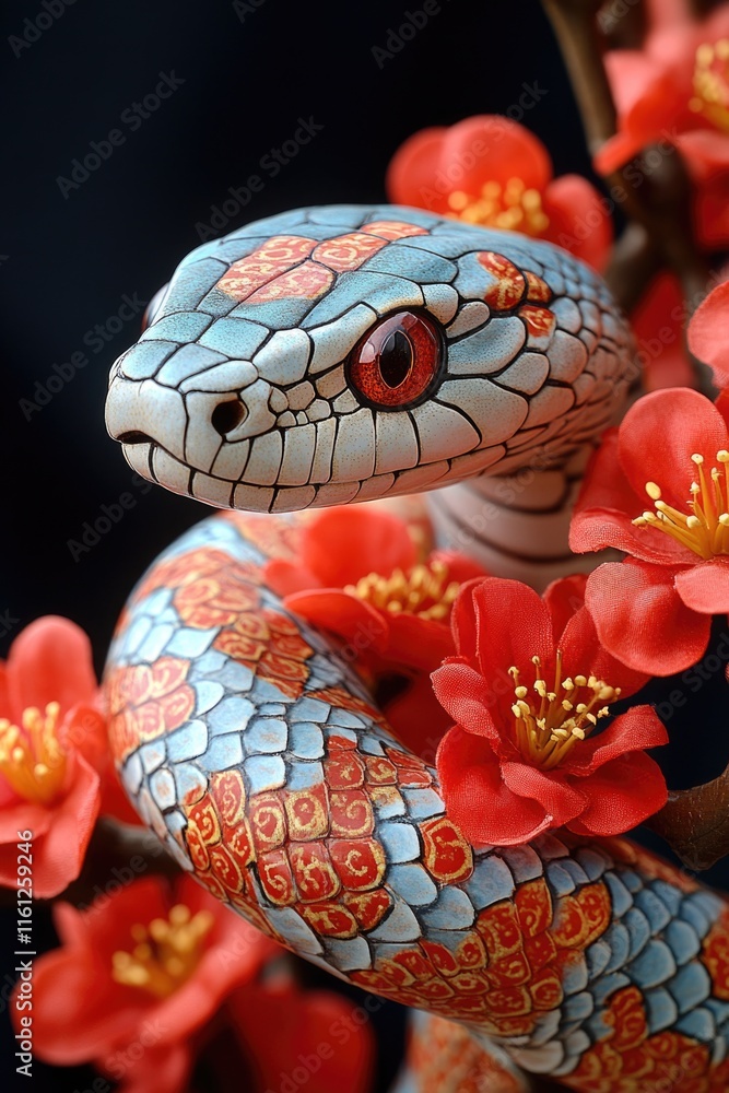 Poster a close-up shot of a snake curled around a branch adorned with flowers