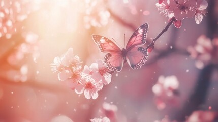 Fototapeta premium Banner or greeting card with copy space, fluttering butterfly and pink cherry or sakura blossom branch in sunlight. 