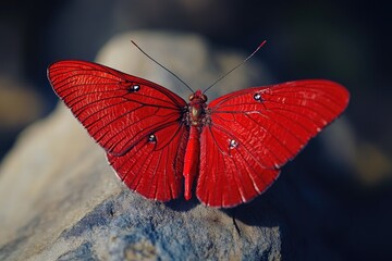 A red butterfly perched on top of a rocky outcropping