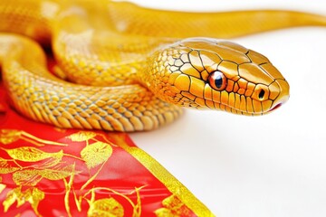A golden snake lies on top of a bright red bag, capturing attention with its vibrant colors
