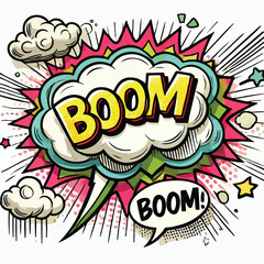 Cartoon comic sign burst cloud. Speech bubble, boom sign expression and   on a white background