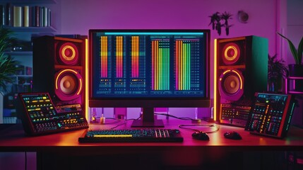 A vibrant music production setup with monitors, speakers, and controllers.