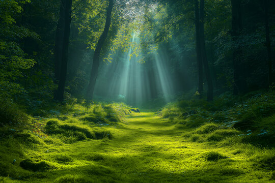 Photo r&eacute;aliste d&rsquo;une for&ecirc;t verdoyante, o&ugrave; des rayons de soleil filtrent &agrave; travers la canop&eacute;e &eacute;paisse et illuminent un chemin sinueux recouvert de mousse, cr&eacute;ant une ambiance paisible et naturelle
