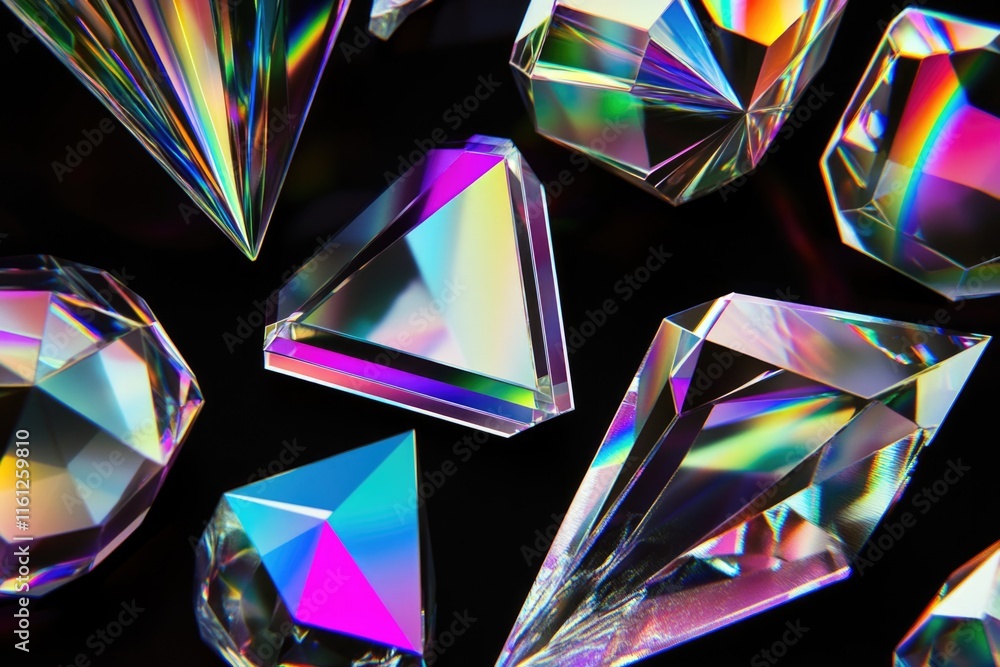 Poster a high-quality macro shot of multiple colorful diamonds