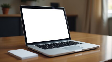 Modern laptop with a blank white screen on a wooden desk, accompanied by a small card, next to a plant, creating a minimalistic workspace setting