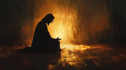 Silhouette of Jesus kneeling to wash feet, the faint glow of candlelight emphasizing his figure, shadows stretching across a rustic wooden floor, the serene atmosphere filling the dimly lit room.