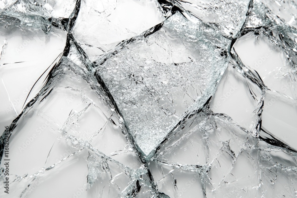 Poster a close-up view of a broken glass surface with jagged edges and shattered fragments
