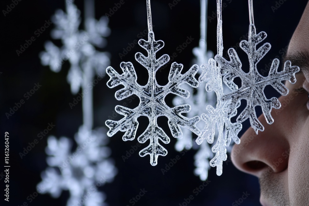 Poster A person studying unique snowflakes suspended from a string, ideal for winter-themed or science-related projects