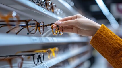 A person trying on glasses in an optical store