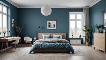 a scandinavian interior design of modern bedroom with large windows. blue stucco wall