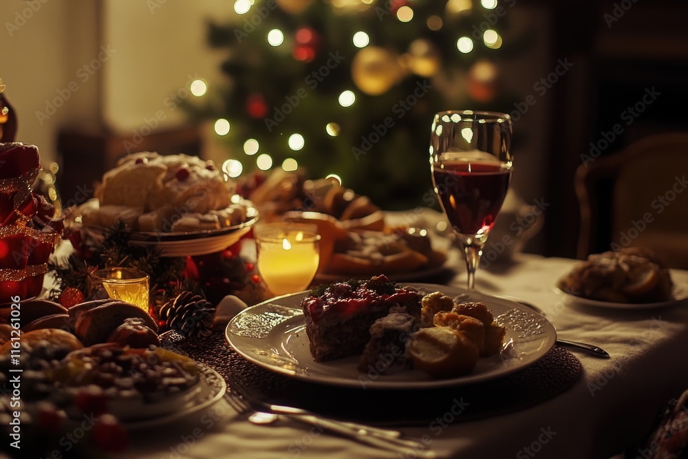 Poster a festive holiday dinner setting with a decorated table and a christmas tree in the background, perf