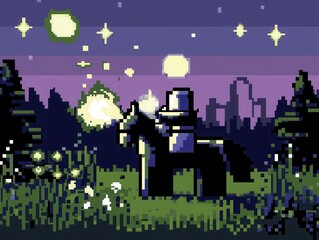 Fototapeta premium A playful 8-bit pixel art of a glowing pixelated knight riding a glowing steed across a pixelated meadow, surrounded by tiny pixelated flowers and sparkling stars, with a glowing castle in the 