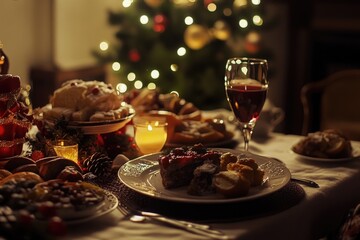 A festive holiday dinner setting with a decorated table and a Christmas tree in the background, perfect for winter-themed projects