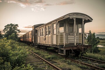 Fototapeta premium A vintage train on an overgrown railway track, with weathered wooden carriages and a distant sunset