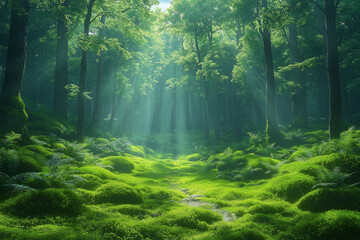 Obraz premium Photo réaliste d’une forêt verdoyante, où des rayons de soleil filtrent à travers la canopée épaisse et illuminent un chemin sinueux recouvert de mousse, créant une ambiance paisible et naturelle