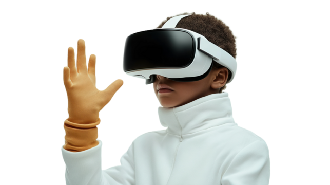 Child engages with futuristic virtual reality technology while wearing a VR headset and gloves in a creative environment