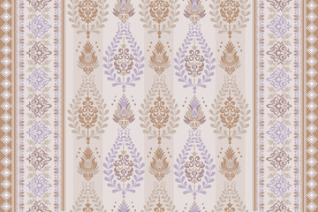 Traditional beige and gold ornamental damask pattern with vertical borders. Great for luxury wallpapers, wedding decorations, classic fabric designs, and elegant home textiles.