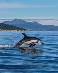 Obraz premium A dolphin leaps gracefully above calm waters with mountains in the background.