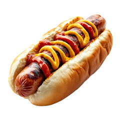 Classic American hot dog topped with mustard and ketchup on a white background