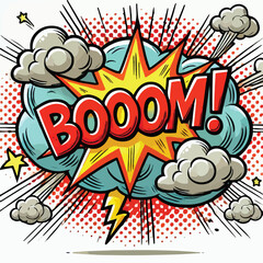 Cartoon comic sign burst cloud. Speech bubble, boom sign expression and   on a white background