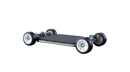Electric car battery module displayed on a platform with connected battery cells ready for assembly and integration into vehicles
