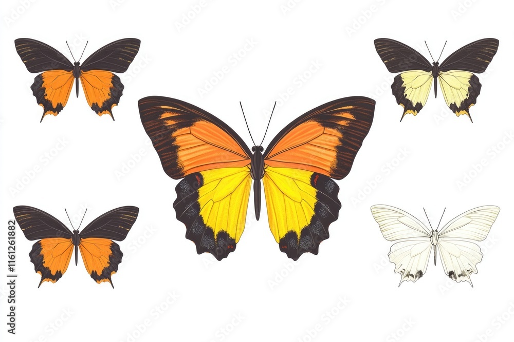 Poster a group of colorful butterflies land on a clean white surface, providing a delicate and vibrant disp