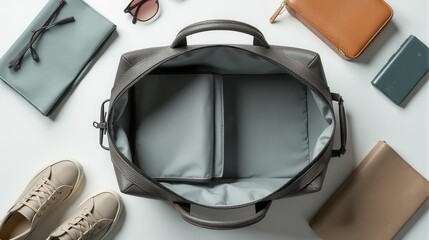 Naklejka premium An open leather travel bag awaits packing alongside a beige hat, sunglasses, blue jeans, and a notebook on a light background