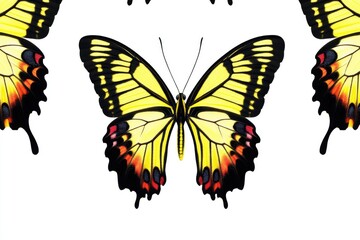 Fototapeta premium A group of colorful butterflies sit on a white surface, creating a beautiful composition