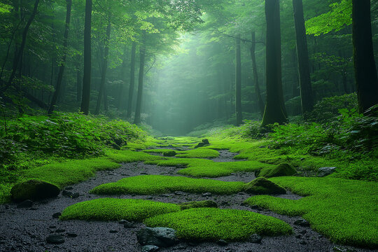 Photo r&eacute;aliste d&rsquo;une for&ecirc;t verdoyante, o&ugrave; des rayons de soleil filtrent &agrave; travers la canop&eacute;e &eacute;paisse et illuminent un chemin sinueux recouvert de mousse, cr&eacute;ant une ambiance paisible et naturelle