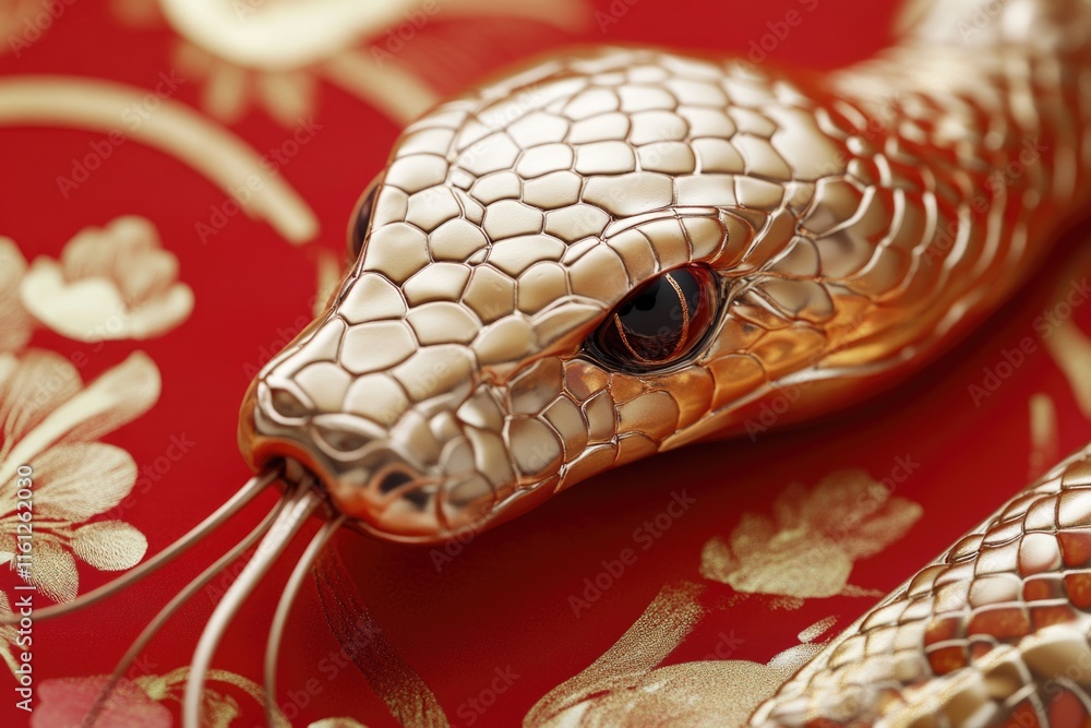 Aufkleber a close-up of a golden snake's head on a vibrant red background, great for abstract designs or edito