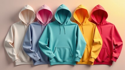 Three pastel-colored hoodies are neatly displayed against a soft gradient background, showcasing variety in modern casual fashion