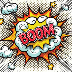 Cartoon comic sign burst cloud. Speech bubble, boom sign expression and   on a white background