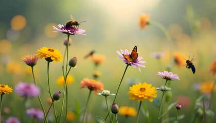 Obraz premium Colorful wildflowers attracting bees and butterflies, symbolizing environmental conservation and biodiversity, copy space