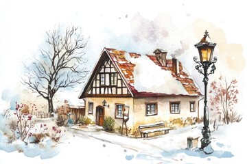 Watercolor painting of a house surrounded by snow and winter trees