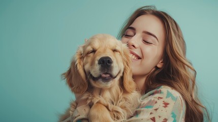 Young smiling happy cheerful owner woman with her best friend retriever wear casual clothes cuddle hug dog close eyes isolated on plain pastel light blue background studio. Take care about pet concept