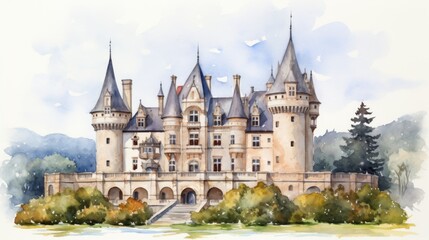 Fototapeta premium Watercolor Painting of a Majestic French Chateau