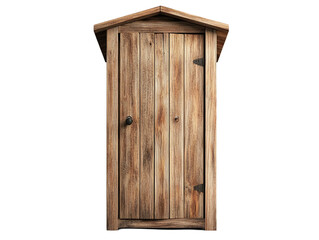 Vintage wooden outhouse with rustic charm standing boldly against a white background at the heart of a serene outdoor setting